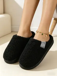 Elegant Plush Slippers, Lightweight Soft Teddy Velvet Upper, Thick Fleece Lining, Trendy Fabric Label Detail, Anti-Slip Silent Sole, Classic