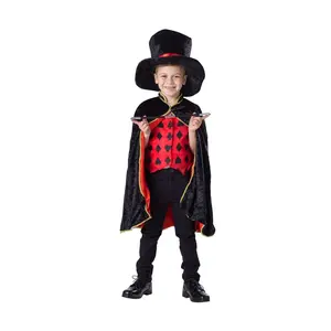Magician Costume Dress For Kids | Black & Red Cape, Vest with Solitaire Symbols, Top Hat & Wand – Magic Show Dress Up Outfit for Boys & Girls – Halloween, Role Play, Birthday Party & Cosplay Costume