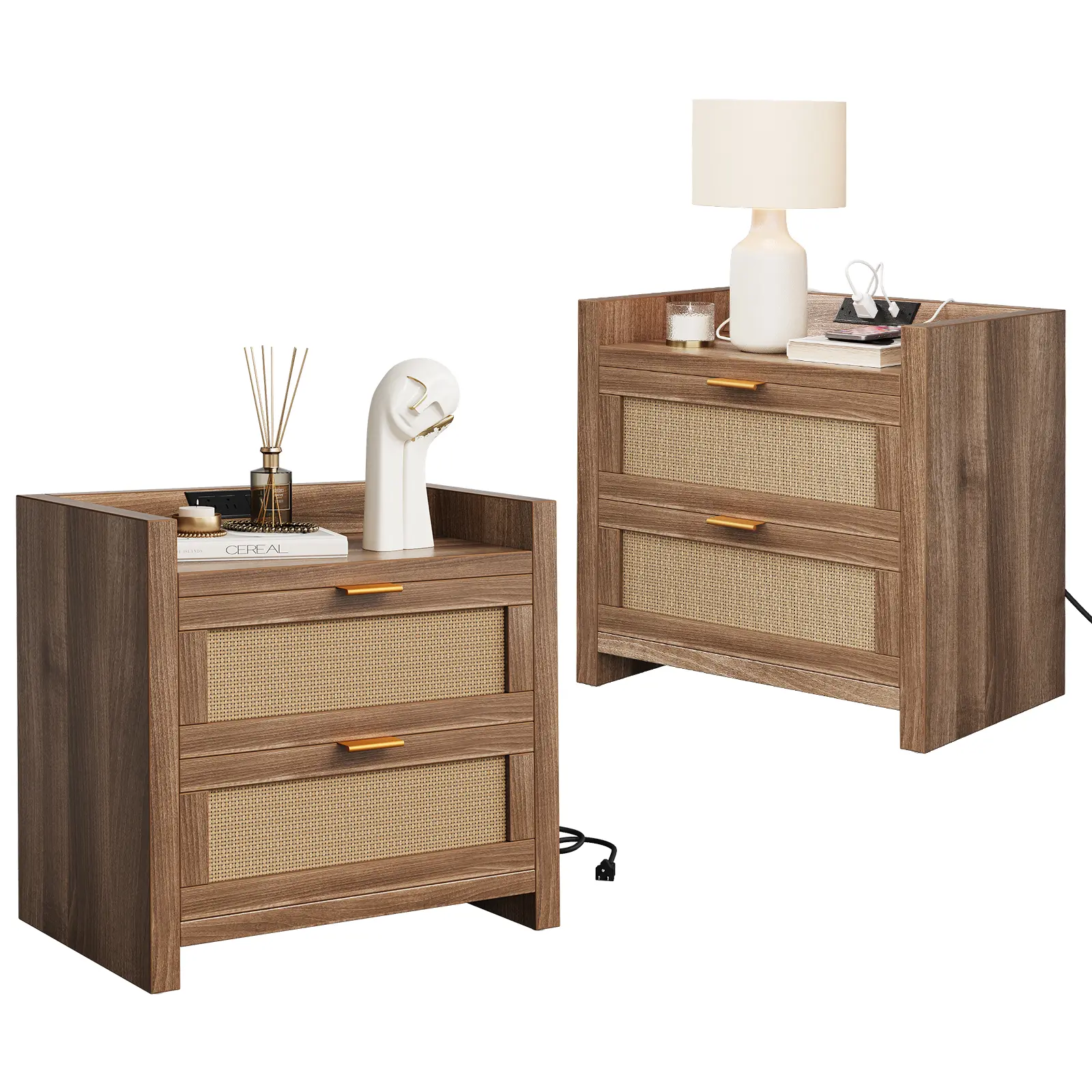 Nightstands Set of 2, Rattan Night Stand with Charging Station, Bedside Tables with 2 Drawers, End Tables for Bedroom Living Room and Office
