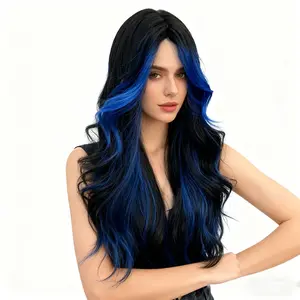 26" Long Wavy Synthetic Wig for Women Black & Blue Highlights Beach Waves with Natural Roots 150% Density Rose Net Cap Body Wave Texture Casual Attire for All Ethnicities Medium Length Wigs Versatile Hairpiece Elegant Hairpiece