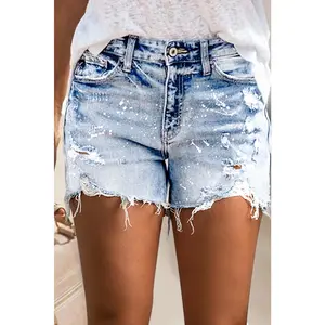 Sky Blue Distressed Bleached Denim Shorts