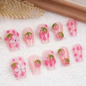 Handmade Cute 3D Strawberry Design Blossom Press On Nails for Grils - Reusable Princess Fake Manicure,Birthday/Christmas Gifts