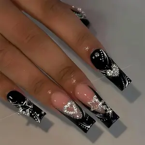 Long Press on Nails Black French Tip Long Fake Nail Coffin Press on Nails Square Black False Nail with Silver Star Charm Design Acrylic Nail Press on Artificial Stick on Nail For Women-24Pcs