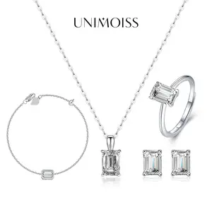 UniMoiss Moissanite 1ct Solitaire Step Cut Jewelry Set Silver-Plated Earrings Ring Necklace Bracelet Set for Birthday Wedding Engagement Anniversary  Gift Daily Wear