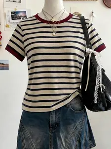 Women's Striped Print Round Neck Casual Versatile Short Sleeve Top, Comfortable and Stylish Daily Wear, Perfect for All Seasons
