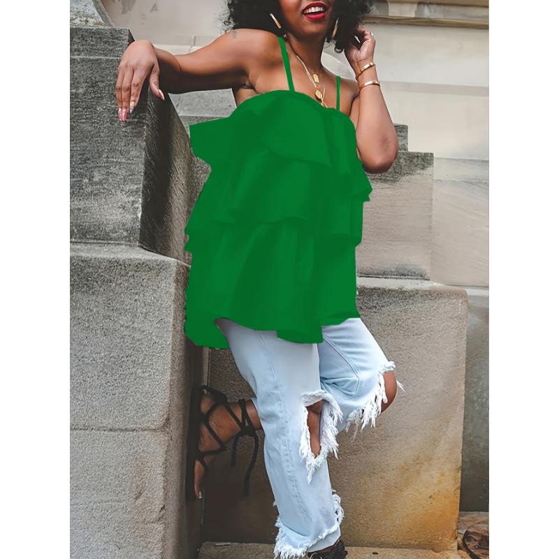 Elegant Plus Size Womens Sleeveless Tiered Ruffle Cami Top - White Layered Peplum Design, Non-Sheer Fabric, Hand Washable, Perfect for Casual or Chic Outfits, Versatile Layering Piece | Voluminous Blouse | Nonstretch Fabric