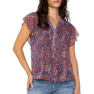 Double Layer Flutter Sleeve Woven  Pintucks, Blue Pink Floral | LIVERPOOL-SALE