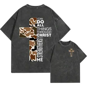 Men's Oversized Thick Cotton Casual Tee - Camouflage Cross Graphic, Bible Verse, Vintage Acid Wash Menswear Tshirt for Sports & Outdoor Streetwear