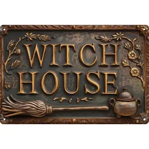 Witch House Vintage Metal Sign Decor Plaque 8x12 in Funny Retro Poster for Garage Porch Cafe Bar Woman Cave Living Room Garden Shop Wall Decor Gift for Halloween