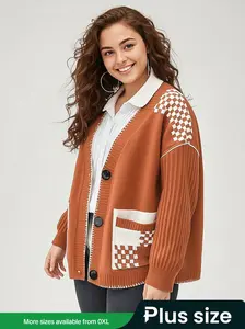 Women's Plaid Patchwork Knit Cardigan, Vintage Fashion V Neck Button Sweater Coat, Perfect for Daily Wear & Retro Parties