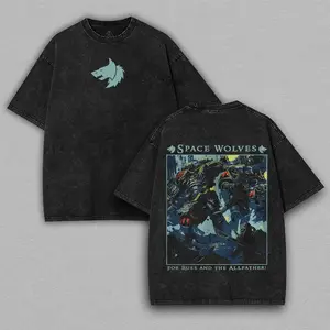 Warhammer 40K Space Wolves Washed Tee/Hoodie – Space Marine Chapter Vintage Heavy Cotton Oversized T-Shirt & Hoodie, Double Printed Fenris Wolf Graphic, Grimdark Viking Streetwear Gift for Fans US Style