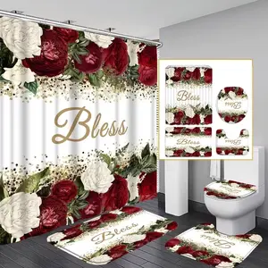 1/4pc Rose Blessing Bathroom Print Shower Curtain Set, includes non-slip mat, U-shaped rug, and toilet seat cover. Perfect for bathroom decoration, partitioning, and beautifying the space. Comes with 12 shower curtain hooks.