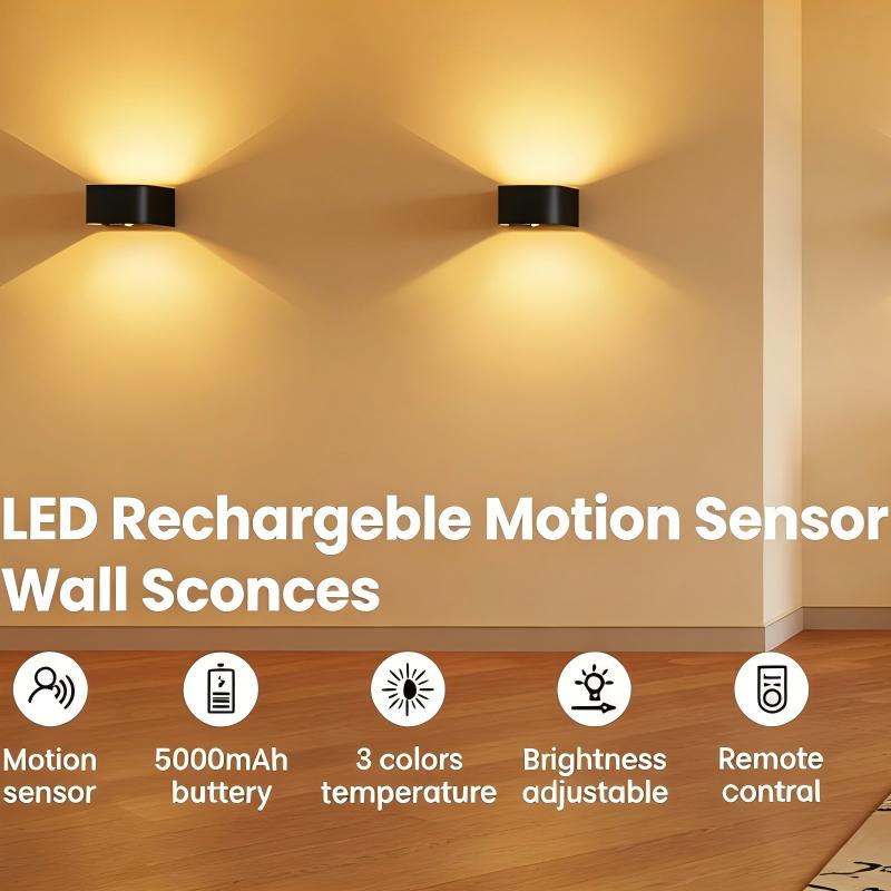 Black 2-Pack Indoor Wall Sconce – Wireless Motion Sensor Light with Remote, 3 Color Options, 5000mAh Rechargeable Battery, Brightness Dimmable