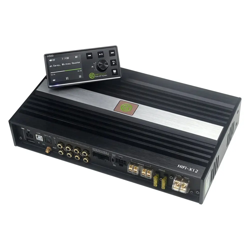 Sennuopu X12 10-Channel DSP Processor Car Audio Amplifier, 12V 1000W AB Class, 125W Per Channel 4-Ohms, LCD Display, 24 Bits/96Khz, Aluminum, 576 kbit Data Rate, Plug-and-Play, Bluetooth, USB Cable, for Car Sound System Upgrade