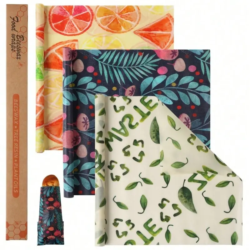 Cuttable beeswax wrapping sheets; reusable beeswax wrapping paper for wrapping vegetables, cheese, bowl lids, and sandwiches (various designs)