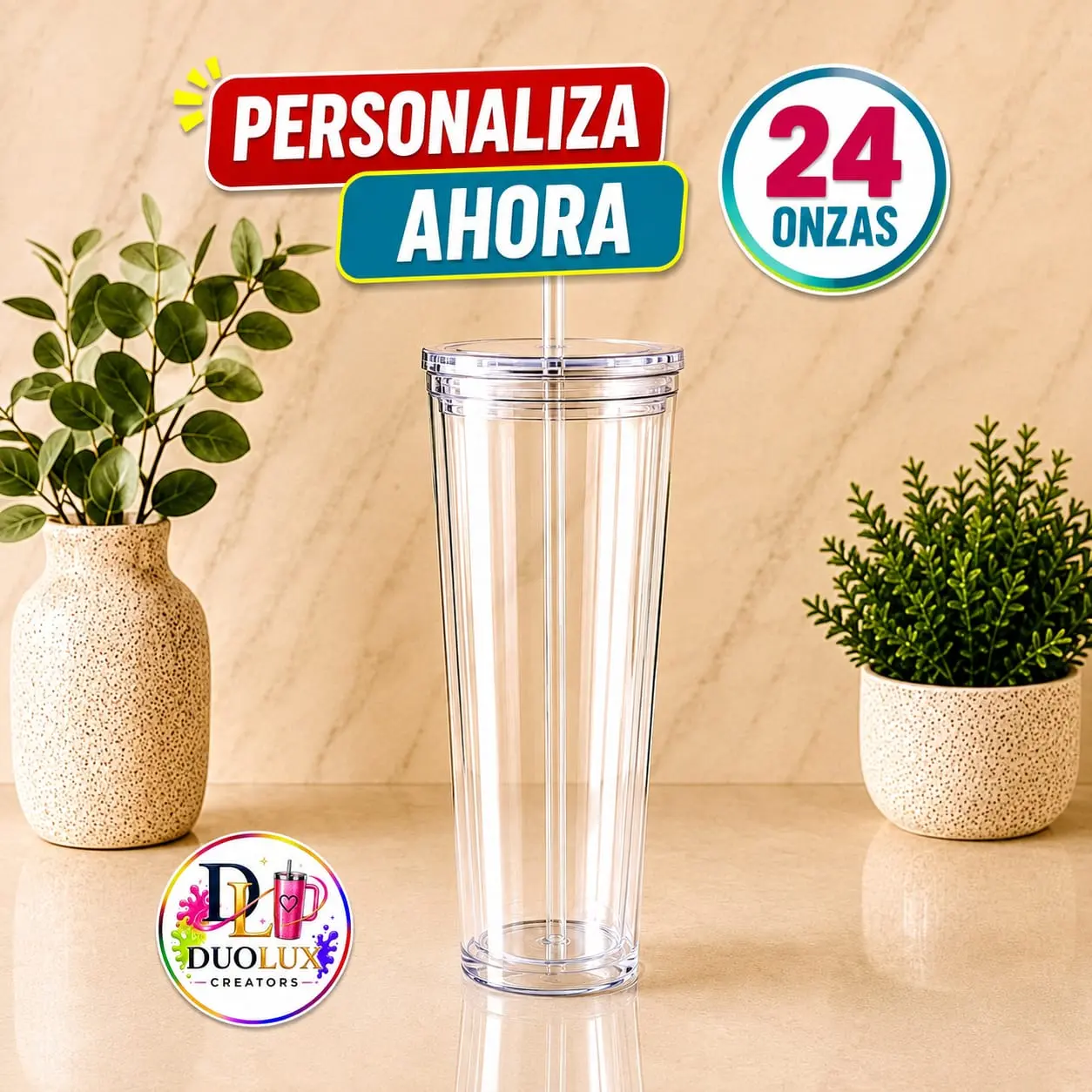 24 oz Clear Acrylic Tumbler with Lid & Straw – Customizable Cup