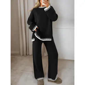 Women’s 2-Piece Sweater Set, Long-Sleeve Crew-Neck Colorblock Sweater Top and Wide-Leg Pants, Casual Loose-Fit Knitwear for Fall/Winter, 2-Piece Loungewear Set for Women, Autumn 2-Piece Outfit, Fall Outfit for Women, Winter Pants Set