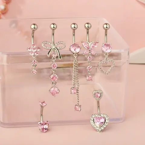 Women's 7-Cute-Designs Cubic Zirconia Belly Button Rings Set - 10mm Polished Steel, Hypoallergenic Nickel-Free Piercing Accessories, Crystal, Heart, Flower, Butterfly/Bow, Dangling, for Birthday, Anniversary (Home Improvement)