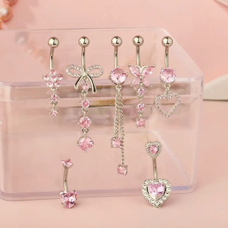 Women's 7-Cute-Designs Cubic Zirconia Belly Button Rings Set - 10mm Polished Steel, Hypoallergenic Nickel-Free Piercing Accessories, Crystal, Heart, Flower, Butterfly/Bow, Dangling, for Birthday, Anniversary (Home Improvement)
