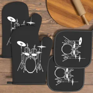 4pcs Heat Resistant Oven Mitts And Potholders Drum Kit Graphic Black Oven Mitts And Pot Holders Sets Suitable For Kitchen Decoration, Cooking, Grilling, Baking And Great Holiday Camping Picnics Gifts