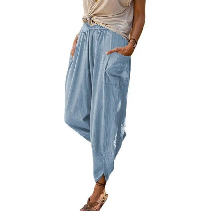2025 Women Spring Summer Vintage Boho Cotton Linen Beach Pants Female High Waist Solid Loose Pockets Trousers Casual Pantalones