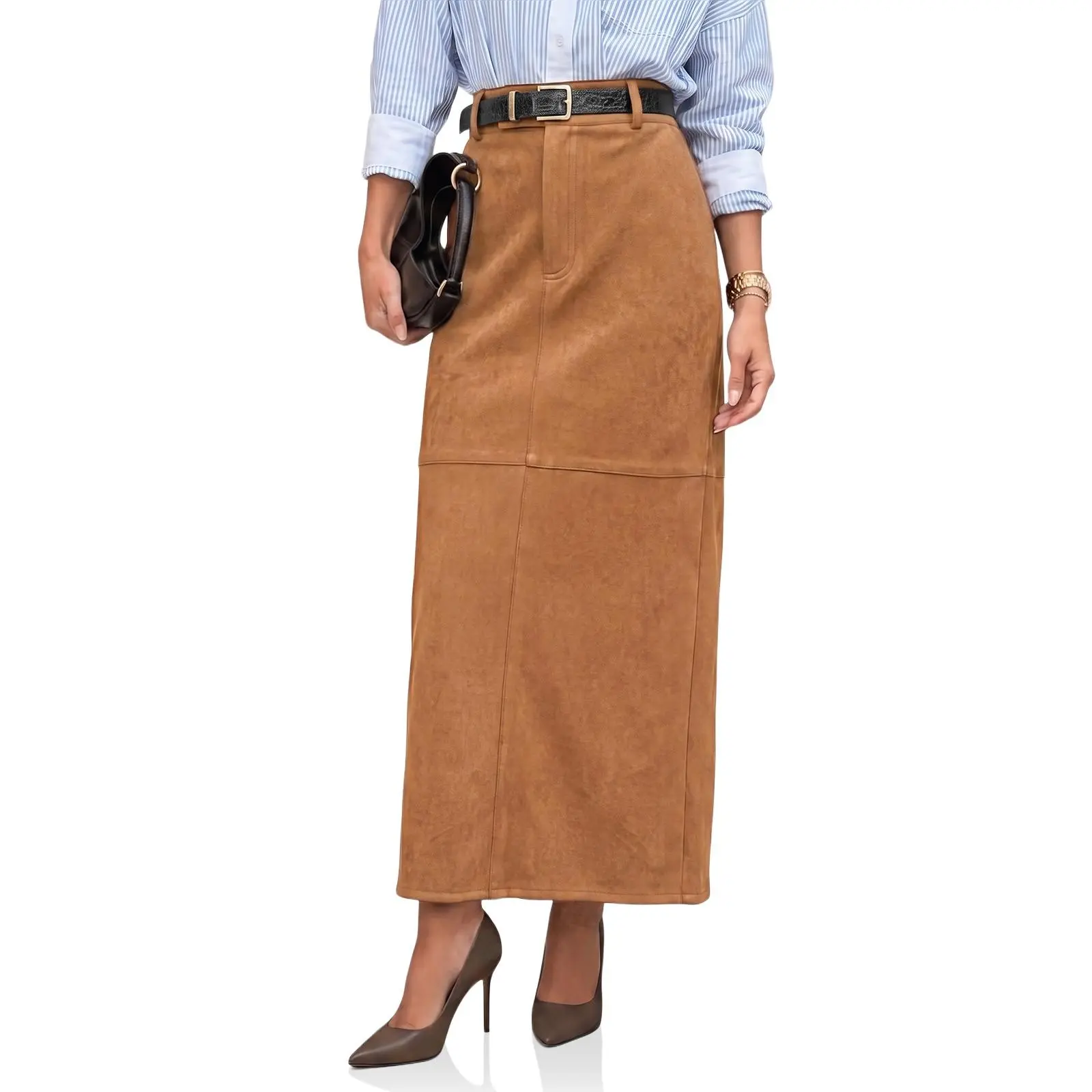Cicy Bell Women's Basic Suede High-Waisted Slit Patchwork Maxi Pencil Skirt, Bottom