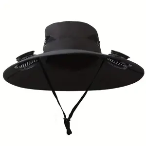 Wide-brimmed fan outdoor fishing hat, 2-piece men's hat with built-in solar fans, suitable for temperature-sensitive workers, lightweight headband, adjustable hood, reinforced stitching, premium fabric, with cooling cap, perfect for summer travelers