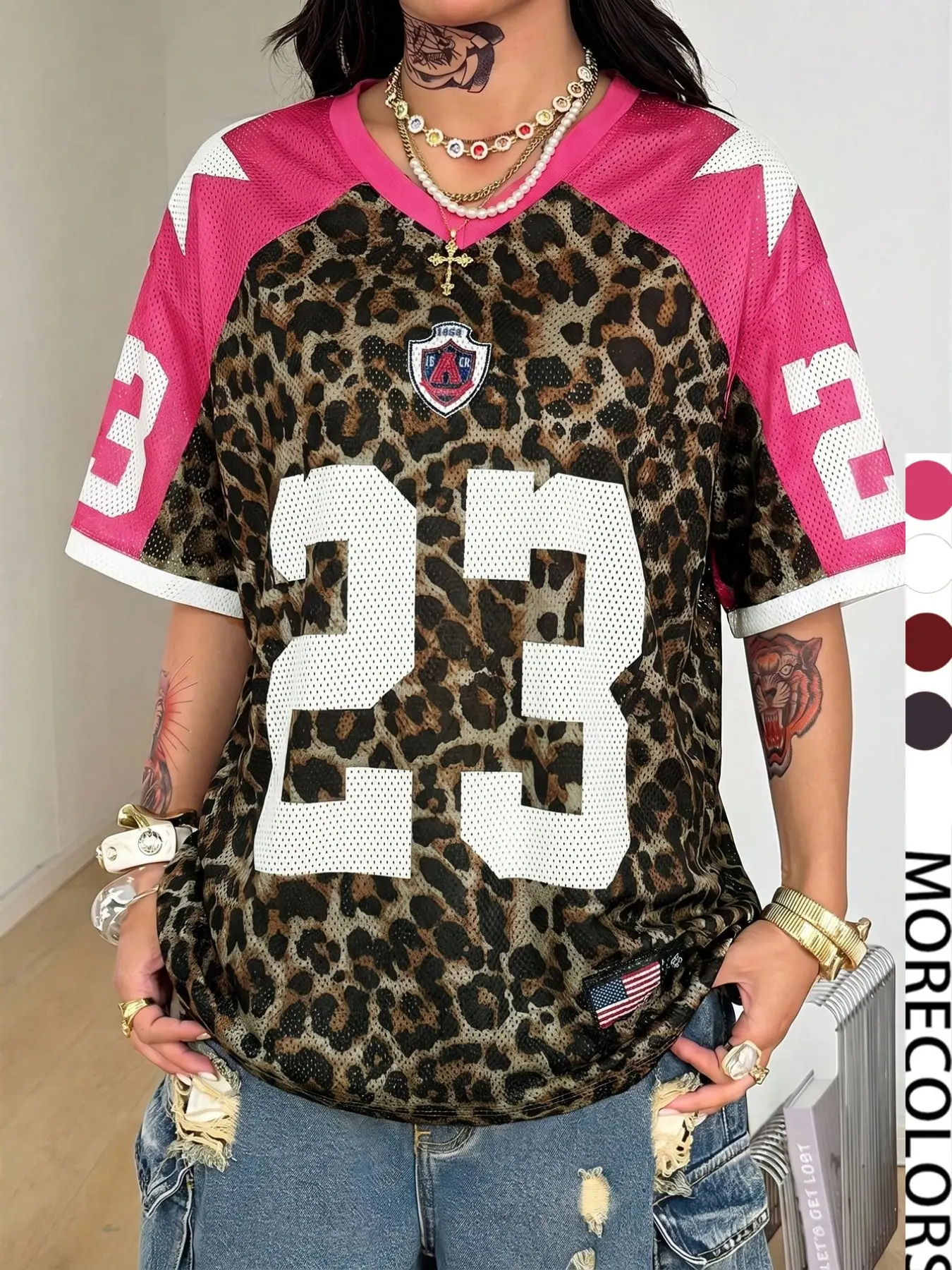 Y2K Retro Leopard Print Jersey Top, Stylish Jersey Tee, Loose-Fitting V-Neck Sporty T-Shirt, Activewear Tee, Hip-Hop Streetwear Fashion for Women, All over Print Design, Athletic Tops