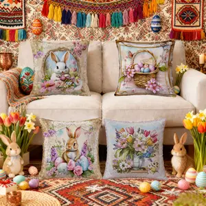 A Set of 4 Easter Pillowcases featuring Rabbit, Easter Egg, Flower Basket, and Tulip Floral Patterns. Soft and Comfortable Cushion Covers with Zipper Closure, Perfect for Decorating Living Room Sofas, Beds, Bedrooms, Porches, Patios, Cars, and