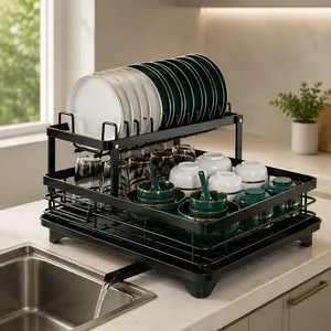 Matte Black 2-Tier Foldable Stainless Steel Dish Rack with Drainboard – Large Capacity Kitchen Organizer for Plates, Bowls,  Pots & Utensils – Space-Saving Countertop Storage, Perfect for Home & Apartment,dish drying racks，kitchen organization