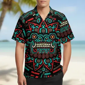 Tribal Aztec Mask Hawaiian Shirt, Bold Ethnic Pattern Button-Up, Summer Beach Shirt for Men, Festival Streetwear Graphic Shirt, Vacation Outfit Gift