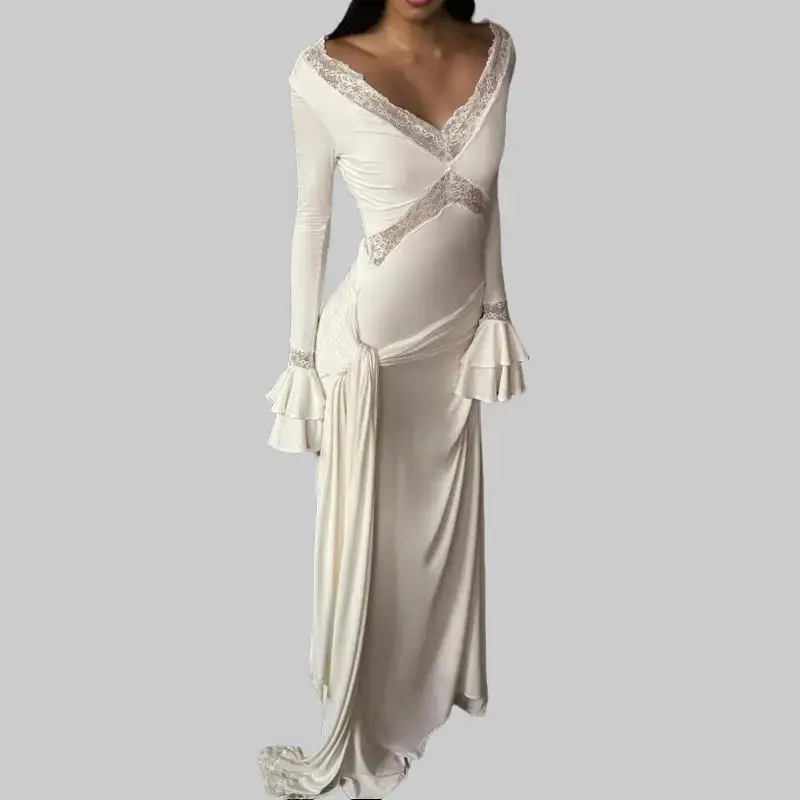 Women's Lace Trimmed V-Neck Long Tiered Flared Sleeve Lace Panel Mermaid Maxi Dress with Waist Sash Tie 2025 Winter New Slim Fit Solid Elegant Sexy Casual Wear Night Party Semi-Sheer Lace Inserts Dress summerwins