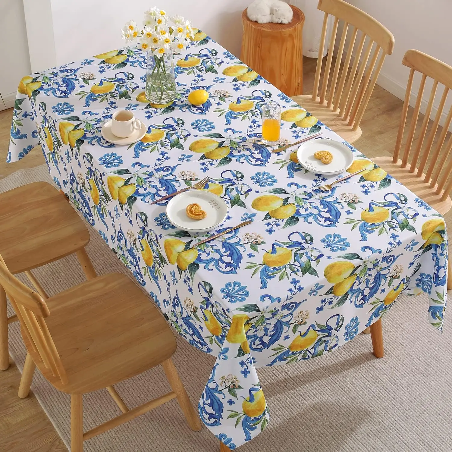 SASTYBALE Lemon Tablecloth, Washable Summer Table Cloth Printed with Lemons Flower Waterproof Spillproof Polyester Tables Cover for Dinner Table Holiday Decoration