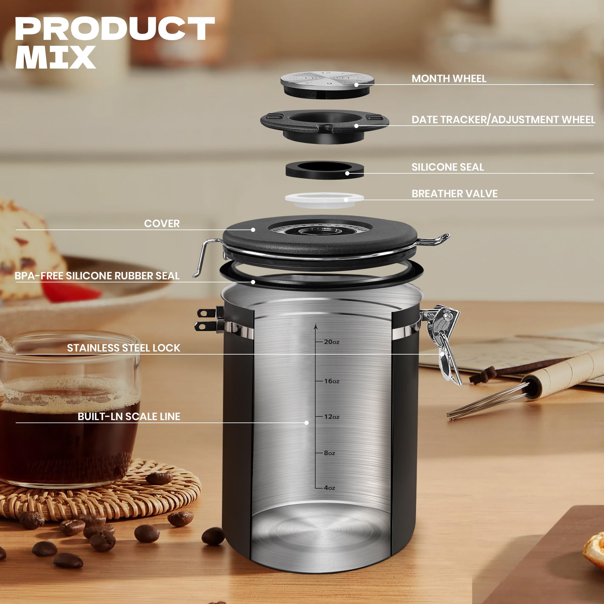22OZ Coffee Canisters with Window,Scoop and AirtightLid Stainless Steel Kitchen Bean Storage Grounds Container (Black) Date Tracker and Scoop for Grounds Coffee Bar Accessories Beans, Cereal, Sugar,Rice,Tea, Flour, Cereal