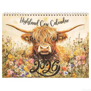 Highland Cow Calendar 2026, 12 Month Wall Calendar, Watercolour Cows Monthly Planner Scottish Wall Art Decor For Animal Lovers