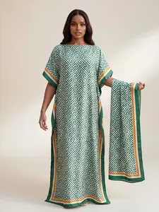 Women's Fashion Casual Jacquard Pattern Striped Robe Set, Hooded Shawl Dress + Long Headscarf Hairband, Beach Sun Protection Satin Scarf