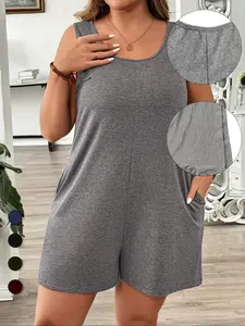 【Plus Size】 Solid Color Sleeveless Romper, Casual Comfy Romper for Summer, Women's Plus Clothing for Daily Wear