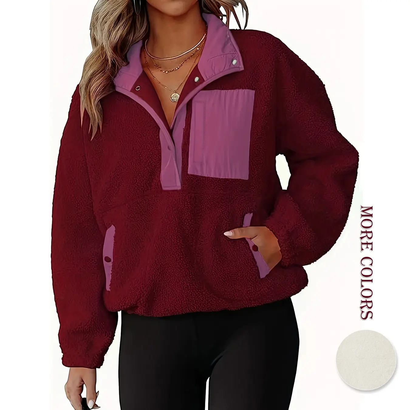 Aswulk Plus Size Womens Fleece Jacket Fuzzy Long Sleeve Short Coats Half-cardigan pullover Button Down Sherpa Outerwear with Pockets