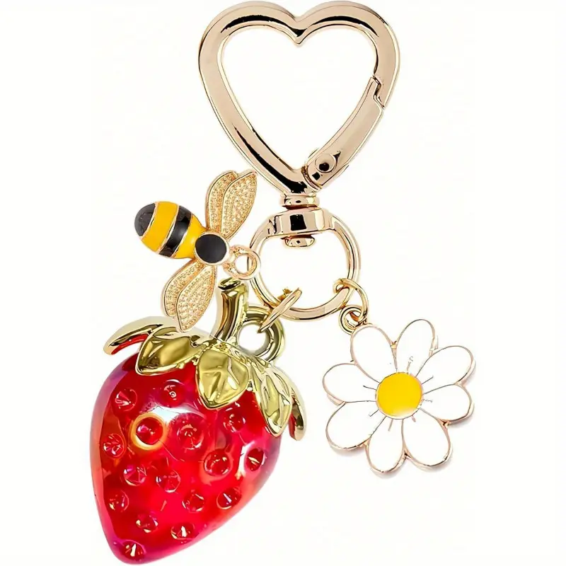 Strawberry 3D Puffy Keyring, Cute Nylon Fruit Charm, Fashion Handbag Accessory for Purses & Backpacks, Casual Wear