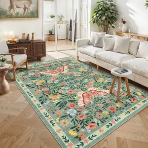 Washable Floral Living Room Rugs, Indoor Farmhouse Bedroom Area Rug with Non Slip Back Botanical Butterfly Print Rugs for Nursery Girls Bedroom Soft Low Pile Large Carpet Rug for Dining Room Playroom