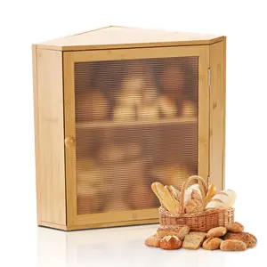 Corner Bread Box For Kitchen Counter Double Layer Bamboo Storage Container With Airtight Lid, Eco-Friendly Natural Bamboo Construction, Space-Saving Countertop Organizer For Bread, Bagels, Rolls, Toast, And Bakery Staples