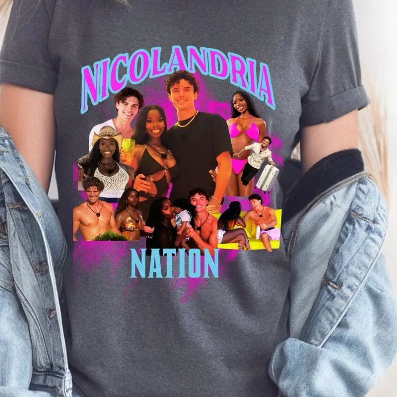 Nicolandria Nation fans of Nic and Olandria on Island Love Unisex T-Shirt in Bella Canvas 3001 & Gildan 64000 Softstyle Loose-Fitting Short Sleeve Round Neck  women