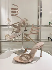 Silver Color Rhinestone Spiral Strap High Heel Sandals, Wedding Evening Open Toe Fine Heel Shoes, Fashionable PU Leather Rubber Sole