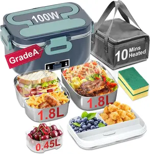 Electric Lunch Box for Adults - 2 Pack 1.8L Container 100W Heated Lunch Box for Men Fast Heating  Heater Portable with ON/OFF , 0.6L Compartment Lid for , , Office (12V/24V/110V)