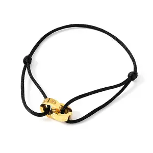 Double‑Ring Interlocking Black Rope Bracelet, Adjustable Knot Dainty Unisex Jewelry, Minimalist Light Luxury Couple & Friendship Gift for Daily Wear