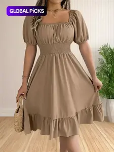 Women's Plain Ruffle Hem Shirred A Line Dress, Casual Fashion Dress, Casual Puff Sleeve Square Neck Knee Length Dress for Summer, Women's Clothing for Daily Wear