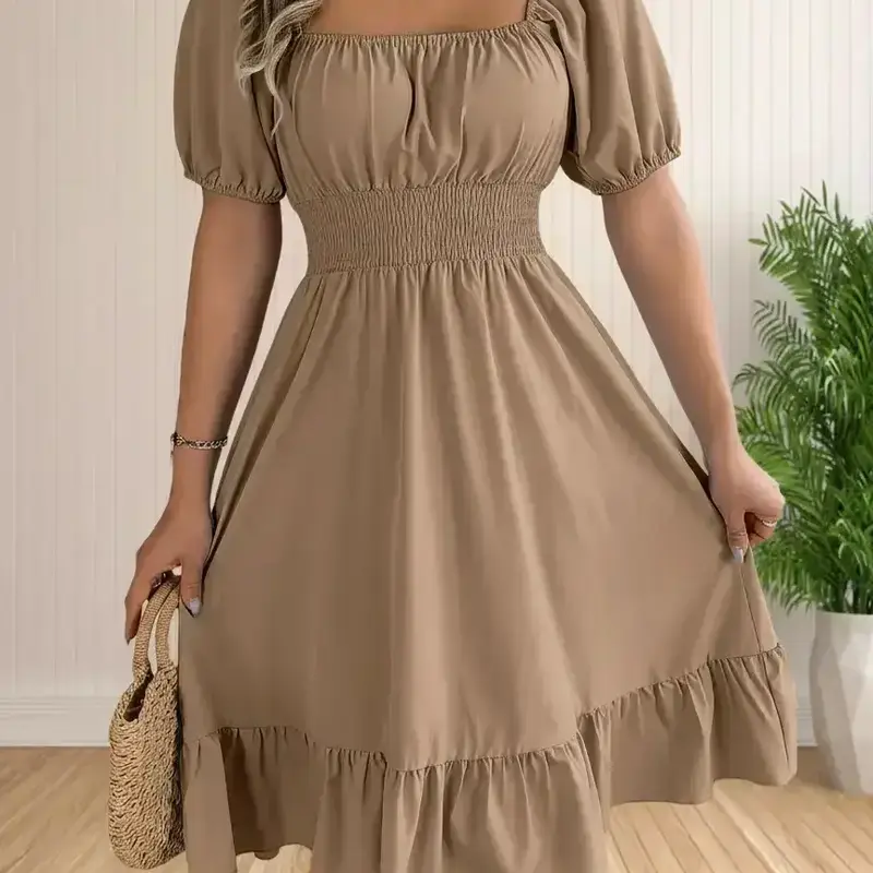 【Black Friday】Women's Plain Ruffle Hem Shirred A-Line Dress, Casual Puff Sleeve Square Neck Knee-Length Dress for Summer, Flowy Dress, Women's Clothing for Daily Wear #GLOBAL PICKS