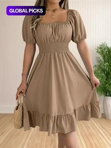 women's plain ruffle hem shirred a line dress, casual puff sleeve square neck knee length dress for summer, women's clothing for daily wear, womenswear, summer dress, casual fashion cozy