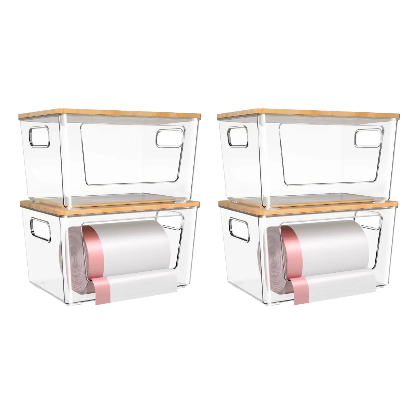 Bamboo Lid Trash Bag Holder, Stackable Trashbag Dispenser, Extra-Large Garbage Bag Organizer for Kitchen, Under Sink Storage