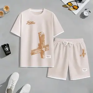 Men's Cross Print Drawstring Shorts Set For Spring/Summer. A Casual Summer Outfit, Including A Short-Sleeved Shirt And Shorts, Suitable For Everyday Wear And Sports. A Two-Piece Set For A Relaxed And Energetic Lifestyle.